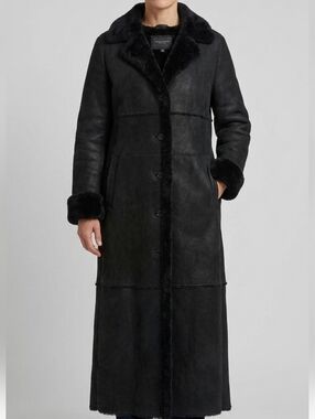 Nuage Collection Long Faux Shearling Suede Coat Black Womens M